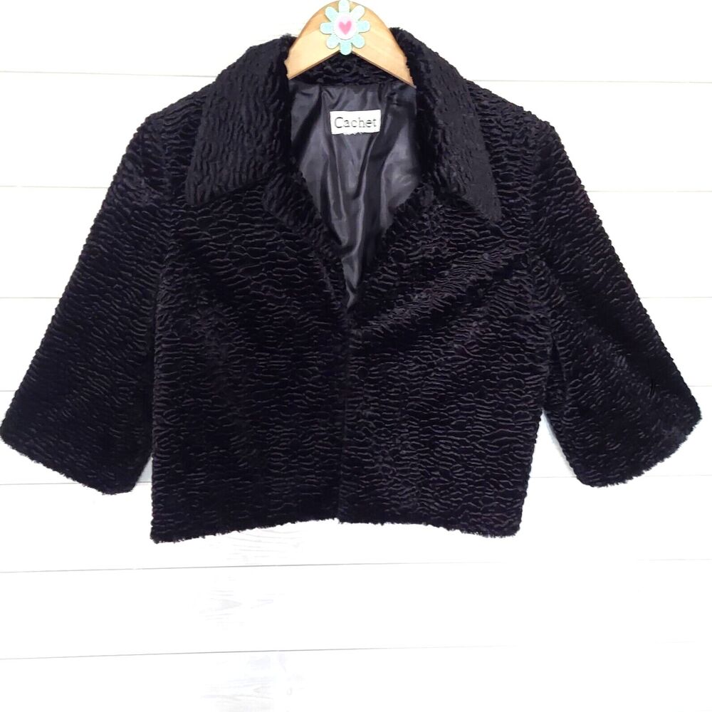 Cachet Black Fur Coat Cropped Jacket Size M/L Evening Retro